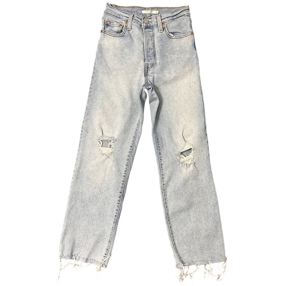 Levis Ribcage Straight Jeans Womens 26 Light Wash Distressed Raw Hem 25x25